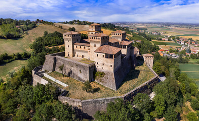 Fototapeta na wymiar One of the most famous and beautiful medieval castles of Italy - historic Torrechiara in Emilia Romagna, Aerial view