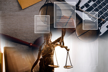 Fototapeta na wymiar Male lawyer working with contract papers and wooden gavel on tabel in courtroom. justice and law ,attorney, court judge, concept.