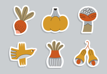 Obraz premium Set of vector minimalistic stickers with natural motifs Radish, pumpkin, flower, bird, plant in vase.