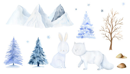 Watercolor woodland animal illustration. Arctic baby animals. Winter animal graphics with mountains, trees, fur trees. Cute arctic fox, rabbit illustration, snowflakes background, landscape graphics. 