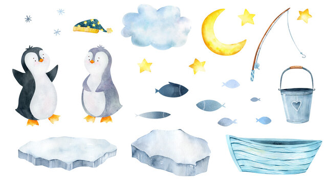 Watercolor penguin illustration. Arctic baby animals. Winter animals graphics with moon, stars, boat, iceberg. Cute sweet dreams illustration