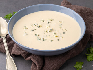 Cheese soup in a bowl with  seasonings over stone background