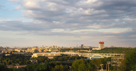 Obraz premium The view on Moscow from Sparrow hills (Vorobyovy Gory). Luzhniki Metro Bridge, Building of Russian Academy of Sciences, sports hall 