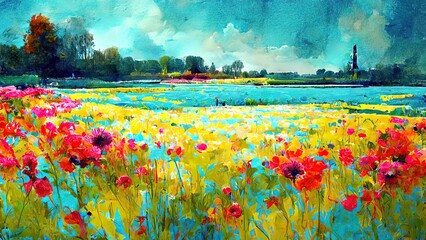 Flower fields painting. Colorful drawing of netherlands flower harvest fields. Red, green, orange watercolor. 4K Landscape, background, wallpaper. - obrazy, fototapety, plakaty