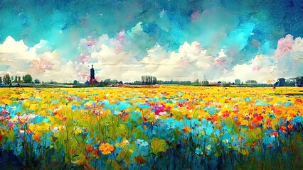 Flower fields painting. Colorful drawing of netherlands flower harvest fields. Red, green, orange watercolor. 4K Landscape, background, wallpaper. - obrazy, fototapety, plakaty