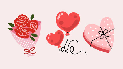 Diseño vectorial de iconos con concepto de amor y amistad, ramos de rosas, globos en forma de corazón, chocolates en forma de corazón.