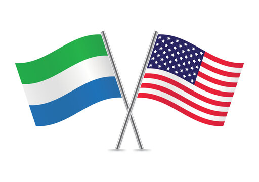The Republic of Sierra Leone and America crossed flags. Sierra Leonean and American flags on white background. Vector icon set. Vector illustration.