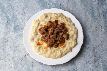 Turkish Food Hunkar Begendi made with Eggplant and Meat.