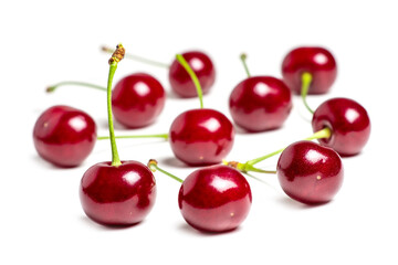 Cherry isolated. Cherries on white background. Sour cherry on white. Full depth of field.