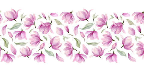 Floral watercolor Border. Seamless Pattern with pink Flower Magnolia for background. Template for frame. Botanical ornament