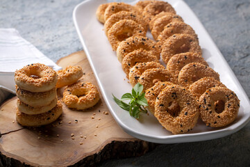 Turkish Bagel with sesame seeds or salty ring cookies. Turkish name; Kandil simidi or tuzlu halka kurabiye