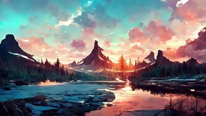 Rollo Mountain and trees landscape. Digital painting. 4K wallpaper, background. Pink sunset, clouds, lake, reflections.  © Fortis Design
