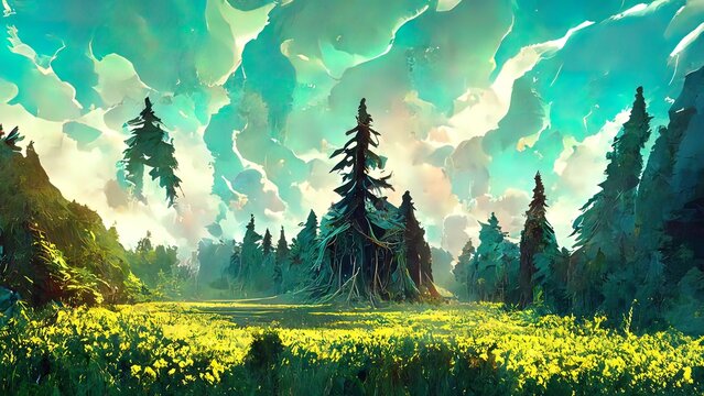 Green colorful, forest landscape. Among trees, clouds, mountains. National Park. Digital painting, artwork, drawing. 4k wallpaper, background.