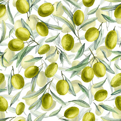 Olive branch Pattern with green leaves and fruits. Hand drawn background for textile or wrapping paper. Watercolor illustration for fabric print