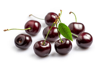 Sweet cherries with cherry leaf isolated on a white background.