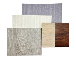 interior material samples including ash vinyl flooring, oak ash and italian walnut engineered flooring, beige and grey fabric interior wallpaper isolated on background with clipping path.