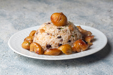 Traditional delicious Turkish food; chestnut rice pilaf (Turkish name; kestaneli pilav)