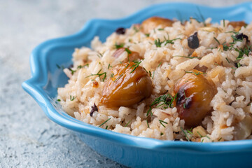 Traditional delicious Turkish food; chestnut rice pilaf (Turkish name; kestaneli pilav)