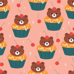 seamless pattern cartoon cupcake with bear and cherry. cute wallpaper for gift wrap paper
