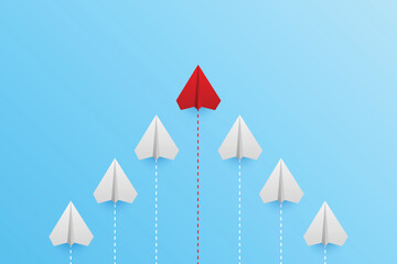 Paper plane on blue background, Business competition concept. leadership for new ideas competition. competitor individual pointing in different ways for new competitive solution.