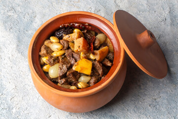 Traditional delicious Turkish foods; Quince and plum lamb stew, lamb tandoori (Turkish name; Ayvali - erikli kuzu guvec - kuzu tandir