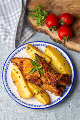 Turkish food; Baked chicken and potatoes (Turkish name; firinda tavuk patates)