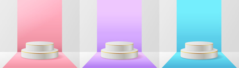 Set of white realistic 3d cylindrical podium with purple, blue and pink stripe background. Abstract vector scene. Product demonstration. Minimal scene.