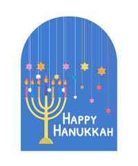 Happy Hanukkah celebration card Menorah with colorful candles, text, David stars at blue window isolated on white background Vector illustration in flat cartoon style for poster, greeting cards, icons