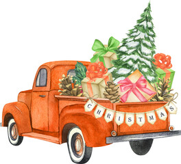 Christmas retro truck with Christmas tree, gifts and other decorations. Watercolor holiday illustration. Perfect for your Christmas and New Year project, invitations, greeting cards, wallpapers