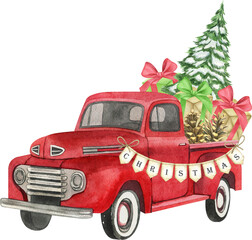 Christmas retro truck with Christmas tree, gifts and other decorations. Watercolor holiday illustration. Perfect for your Christmas and New Year project, invitations, greeting cards, wallpapers