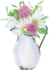 Watercolor wildflowers bouquets. Daisy flowers in vintage vases.