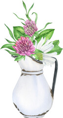 Watercolor wildflowers bouquets. Daisy flowers in vintage vases.