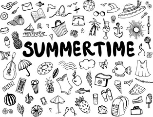 A set of vector black and white hand-drawn elements on the theme of summer. Icons, templates, sketch, design. Sun, sea, fruits, food, drinks, trip, outdoor activities, swimming, beach.