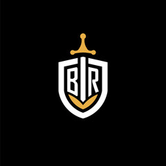 Creative letter BR logo gaming esport with shield and sword design ideas - obrazy, fototapety, plakaty