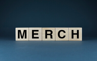 Merch. Cubes form the word Merch.