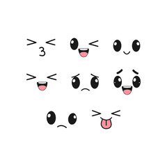 Kawaii cute faces. Kawaii emotions, cute characters icons design. Kawaii emoji for apps and websites. 