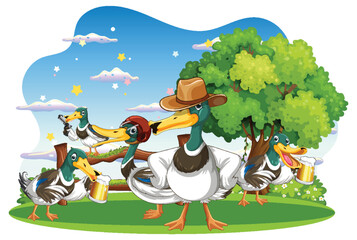 Obraz na płótnie Canvas Happy duck group in nature scene