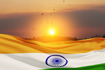Waving India flag on sunset sky with flying birds. Background with place for your text. Indian...