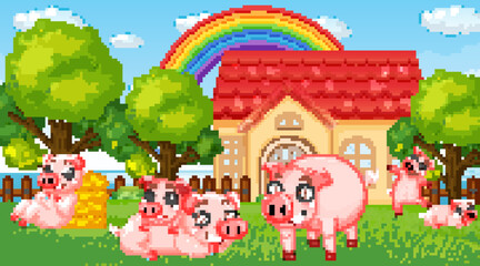House scene with many pigs in the yard