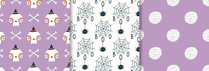 Cartoon Halloween backgrounds. Hand drawn skull, bones, spider web, mummy. Vector set of seamless patterns.