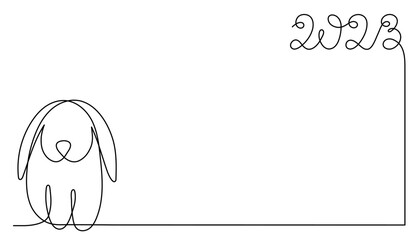 Rabbit 2023 one line art, hand drawn continuous contour. Doodle bunny, sketch style, minimalist design. Editable stroke. Isolated. Vector illustration