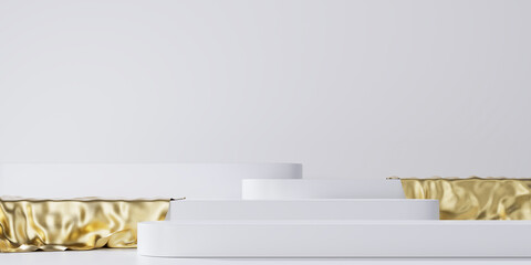 3D background, step podium display. Cosmetics, beauty product promotion white pedestal ith gold cloth folds curtain. Luxury minimal step pedestal for beauty, cosmetic product presentation. 3D render