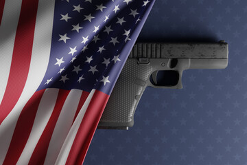 A gun and the flag of the USA. The concept of voting for access to arms, democracy. America's gun license, US. 3d render, 3d illustration