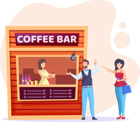 People buying coffee drinks at street coffee shop. Woman employee at workplace serving customers. Male barista juggling bottle in front of takeaway kiosk. Street food festival flat vector