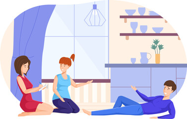 Young women and man sitting on floor and communicating at home. Friends relaxing, chatting or playing board game in living room interior. Home leisure activity, friends entertainment flat vector