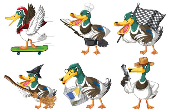 Set of different ducks cartoon character