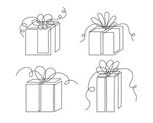 Gifts one-line set, hand drawn continuous contours. Doodle, sketch style, minimalism. Holiday present, festive surprise, souvenir. Editable stroke. Isolated. Vector illustration