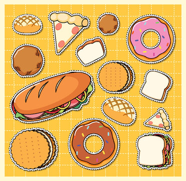 Mixed food cartoon sticker on grid background