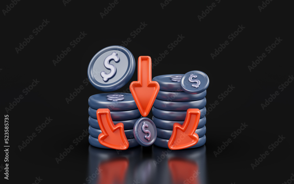 Wall mural dollar with down arrow sign on dark background 3d render concept for saving cost