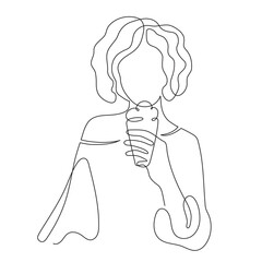 Girl with ice cream, one line art, hand drawn, stylized continuous contour. Young woman enjoying yummy, eating dessert. Doodle, sketch style, minimalism. Editable stroke. Isolated. Vector illustration